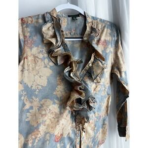 Ralph Lauren Floral Ruffle Blouse - Blue and Beige